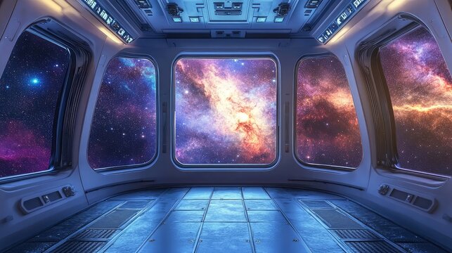 A cozy observation deck inside a space station, with large windows offering a panoramic view of distant stars and nebulae