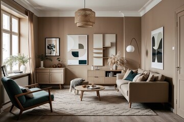 Cozy Poster Presentation in Airy Beige Dwelling with Scandinavian Interior Design Elements and Dynamic Spaces