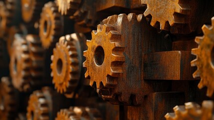 A close-up view of interlocking wooden gears, showcasing texture and mechanical design.