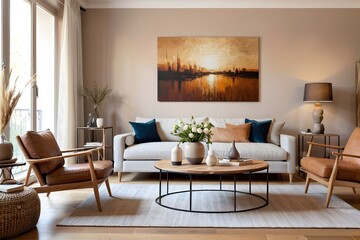 Fototapeta premium Beautiful living room with wooden furniture and mocha mousse color theme decor.