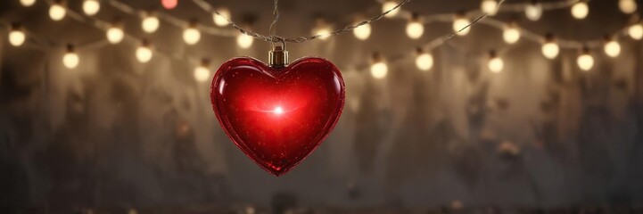 Twinkling string of lights with a glowing red heart pendant hanging from the center, festive, romance - Powered by Adobe