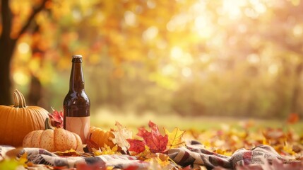 Cozy Fall Picnic with Nonalcoholic Beer Bottle Surrounded by Autumn Leaves, Pumpkins, and Blankets - Photorealistic Seasonal Gathering Image