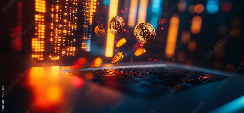 Poster digital representation of cryptocurrency with glowing coins over a keyboard.