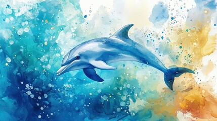 Vibrant and Colorful Dolphin Swimming Underwater in Abstract Splashes of Blue and Orange Illustrating Marine Life and Oceanic Beauty