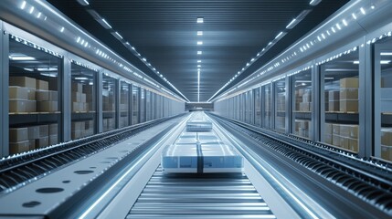 Futuristic Automated Warehouse with Conveyor Belt Transporting Packages in a High-Tech Environment Under Bright LED Lights