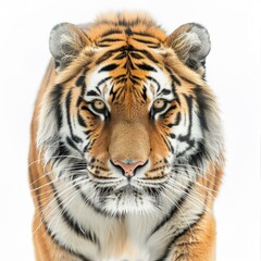 Fototapeta premium Majestic siberian tiger walking towards camera isolated on white background, creating a powerful and captivating image