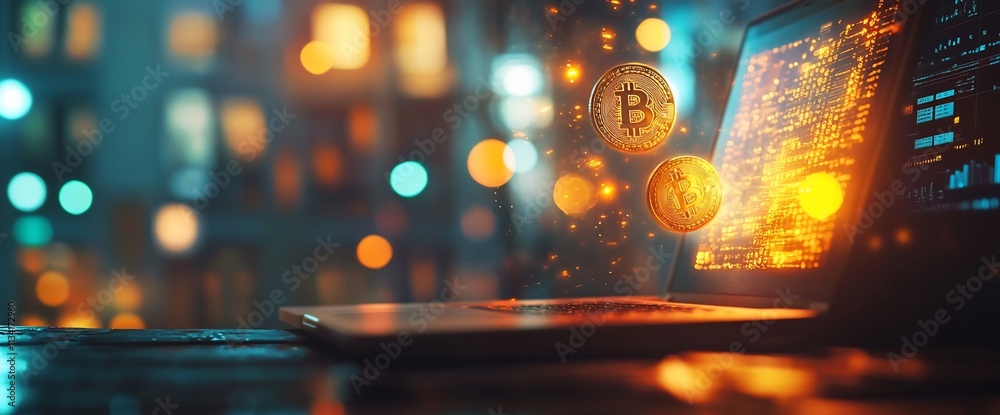 Poster Laptop displaying digital cryptocurrency with glowing coins floating above.