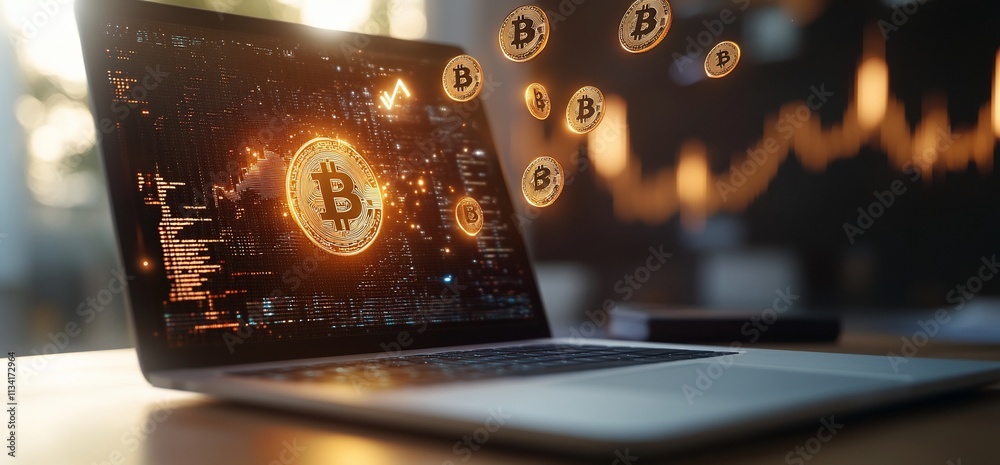Poster Laptop displaying Bitcoin graphics and digital currency elements.