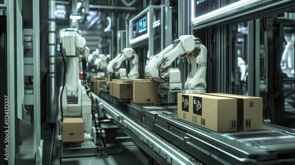 Poster advanced robotic automation in a high-tech warehouse, showcasing cutting-edge technology in packagin
