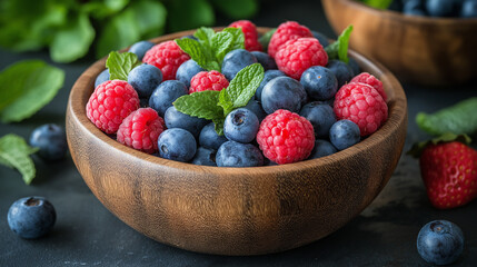 A bowl filled with fresh strawberries and blueberries that look plump and juicy.