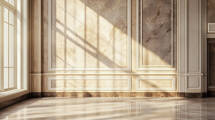 Elegant interior with marble floor and ornate wall detailing in bright natural light highlighting textures and patterns, perfect for luxury design concepts and real estate showcases