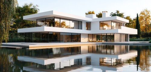 Fototapeta premium Contemporary home with glass windows and a tranquil garden near water, reflecting in the surface.
