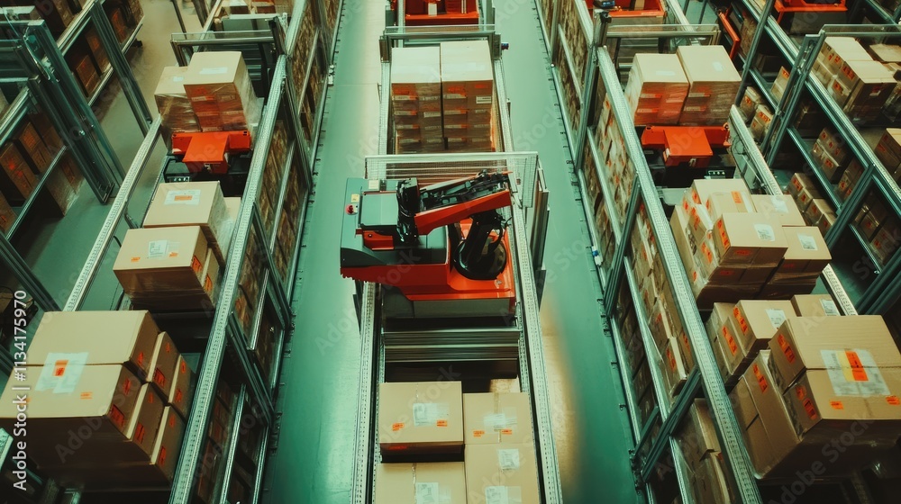 Poster advanced automated warehouse system with robotic arm handling packages surrounded by numerous storag