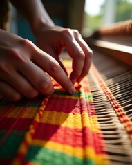 Close-Up of Indigenous Hands Weaving Vibrant Patterns on Traditional Loom