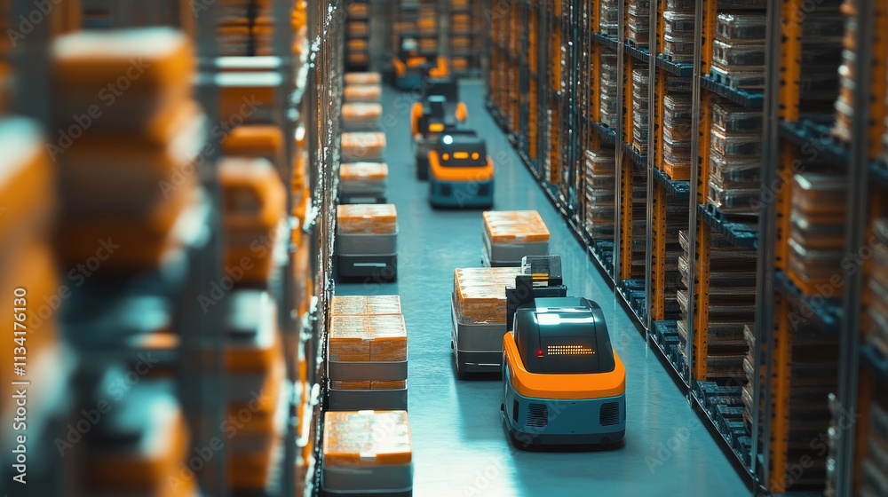 Poster automated robots navigating in a modern warehouse environment for efficient inventory management and