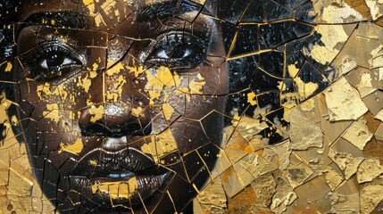 close up of an african american woman in black and gold mosaic, broken pieces