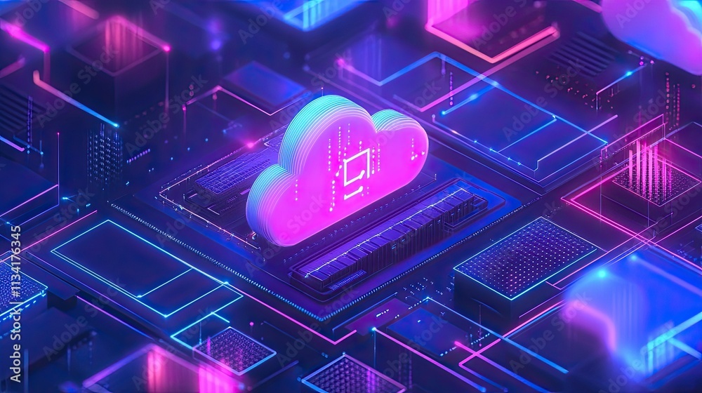 Poster futuristic cloud computing concept with neon colors and circuitry elements representing data transfe