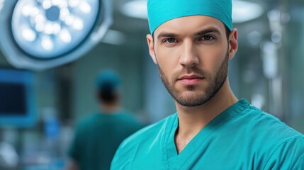 A focused surgeon in scrubs, preparing for surgery in a sterile operating room.