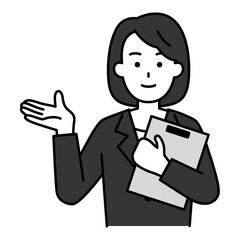 クリップボードを持って案内する黒いスーツの女性