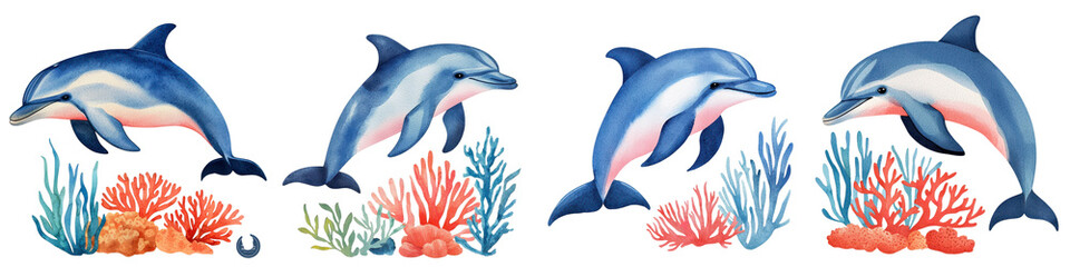 Colorful image showcasing a group of playful dolphins swimming and jumping amidst a vibrant and flourishing coral reef underwater seascape