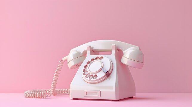 A white rotary phone with a coiled cord sits on a pink surface.