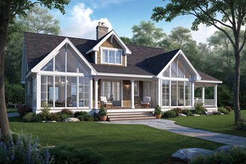 Scenic Cottage Artwork Showcasing Elegant Glass Features and Relaxed Charm