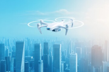 Aerial View of a White Drone Flying Over a Cityscape with Modern Skyscrapers and Clear Blue Sky Illuminated by the Sunlight