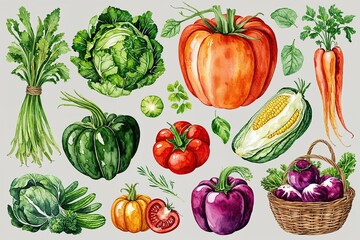 Rustic Summer Vegetable Watercolor Art Collection for Kitchen and Home Decor