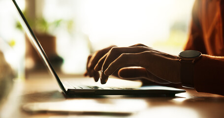 Research, typing and laptop with hands of person in home office for remote work, networking and email. Newsletter, online and copywriting with closeup of freelancer in apartment for writer and blog