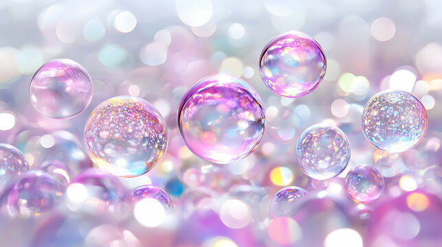 Iridescent soap bubbles float against a bokeh background of pastel colors, creating a dreamy, ethereal image perfect for various design projects.
