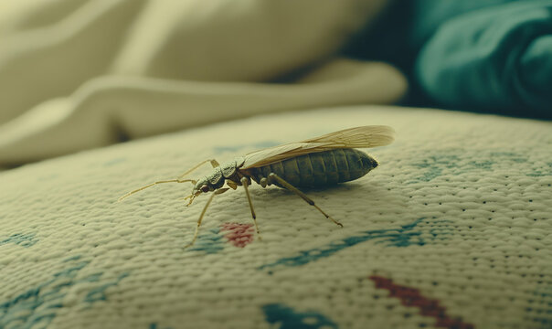 Close-up of a psocid insect on textured fabric.  A detailed view of its wings and body.