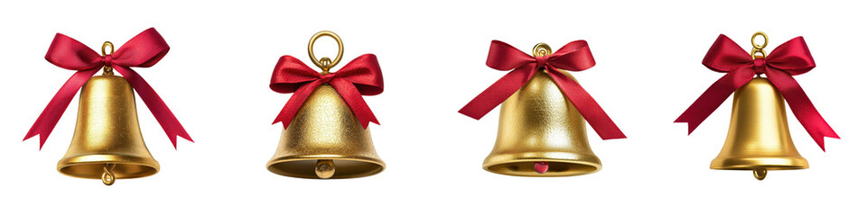 Elegant golden Christmas bells with red bows hanging on white background  Traditional Christmas holiday and festive season concept