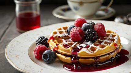 A delicious plate of golden waffles drizzled with syrup and topped with fresh berries creates a mouthwatering breakfast scene, captured beautifully on fine china