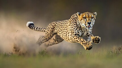 Naklejka premium Powerful cheetah in mid-stride, running at high speed through a field of tall grass, kicking up dust.