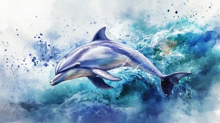Obraz premium Vibrant and Graceful Dolphin Swimming Amidst Turquoise Waves in a Whimsical Underwater Scene with Colorful Splashes and Artistic Elements