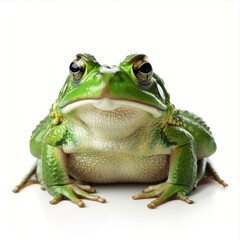 Obraz premium Green frog sitting and staring on a white background