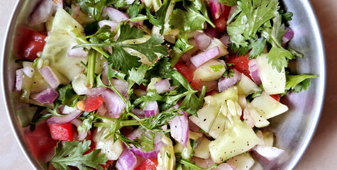 A vibrant mix of fresh vegetables fills a metal bowl, featuring chopped tomatoes, cucumbers, and onions blended with a generous amount of cilantro. The salad looks appetizing.
