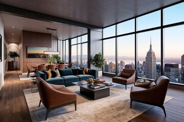 Fototapeta premium Modern Loft Design Urban Lounge Space with Stunning Views and Stylish Furniture