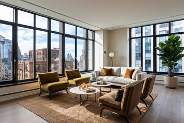 Fototapeta premium Bright Apartment with Large Windows and Cozy Seating in a Contemporary Design