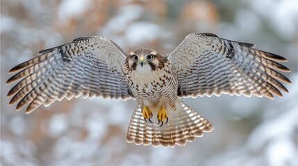 Obraz premium A hawk in mid-flight, showcasing its wings and features against a blurred background.