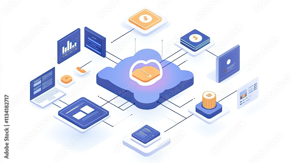 Poster modern digital cloud technology concept with data analytics and financial management icons represent