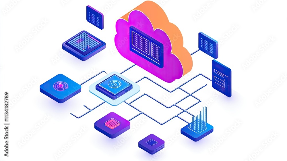 Poster colorful cloud computing concept illustrating data storage, analysis, and processing with technology