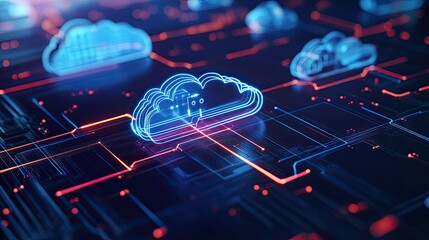 Digital cloud technology representation with glowing lines and abstract socket connections symbolizing data transfer and network communication in a futuristic environment