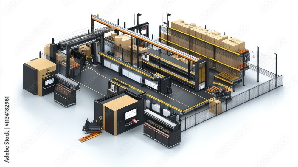 Poster modern automated warehouse system with robotics and storage solutions for efficient supply chain man
