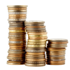 3 piles of stacked coins isolated on transparent background