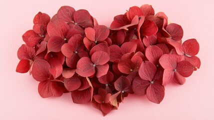 Obraz premium A heart-shaped arrangement of red petals against a pink background, creating a romantic and vibrant visual.