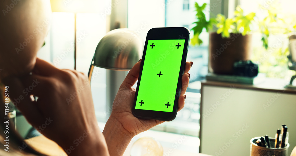 Poster Phone, green screen and hands of person with online space, tracking marker or ux design for web search. Smartphone, connection and freelancer with mobile app for communication, networking or thinking