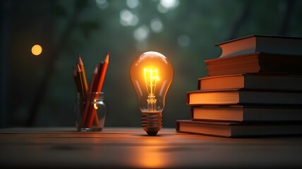 International Education Day. Burning light bulb near stack of books on wooden table. 