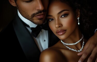 Affectionate Elegance: A Couple's Dignified Display of Affection at an Evening Event.