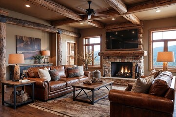 Cozy Rustic Lodge Living Room 3D Design Featuring Leather Sofa and Earthy Tones